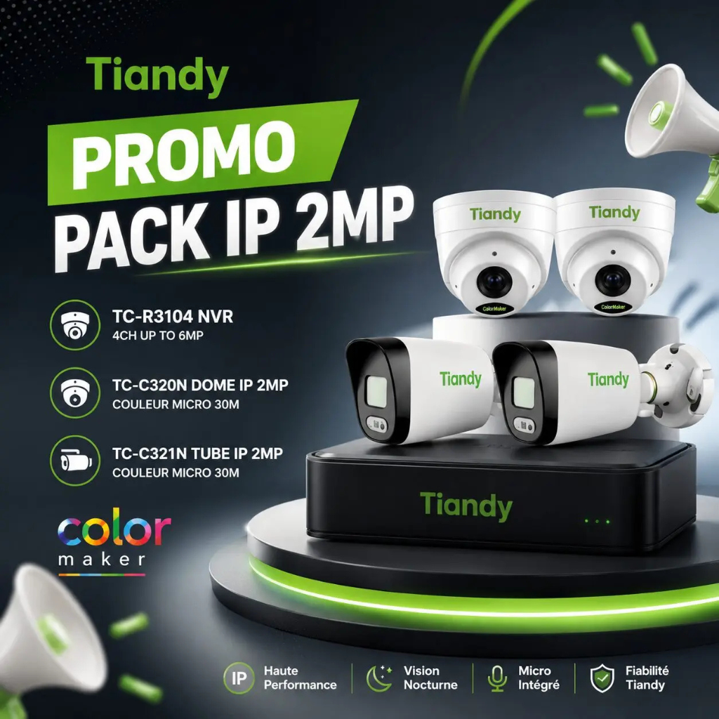 Pack IP Tiandy NVR 4CH avec 4 caméras 2MP Couleur Prix Tunisie