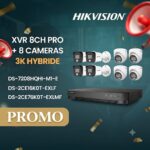 Image du pack Hikvision XVR 8CH PRO avec 8 caméras 3K hybride au choix (bullet et dôme), système de vidéosurveillance haute résolution. Vue pack complet